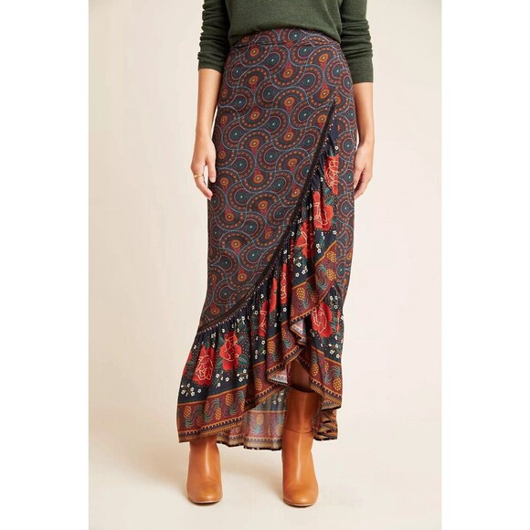 Farm Rio Mermaid Skirt Small Brown Abstract Ruffled Cordoba Wrap Boho Western - Picture 3 of 12